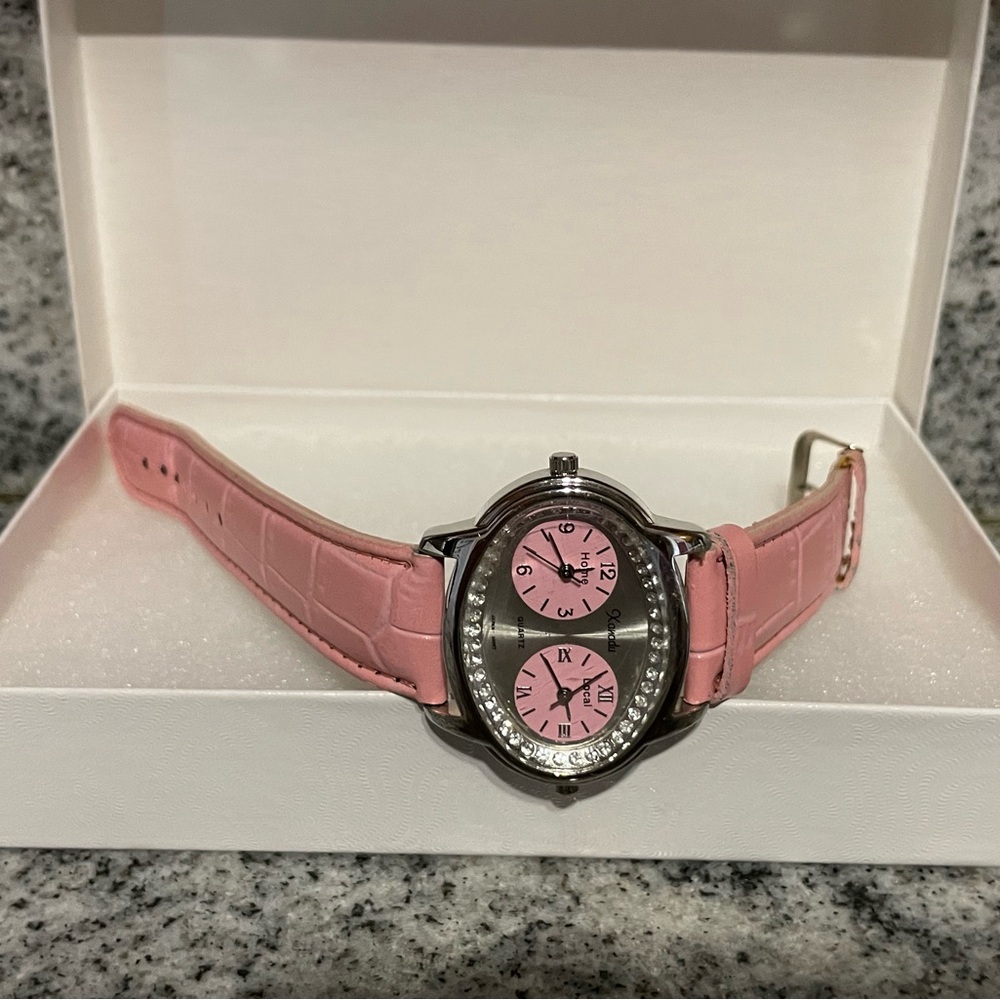 Xanadu Dual Time Pink Women's Watch with Crystal Accent. Great for travel.